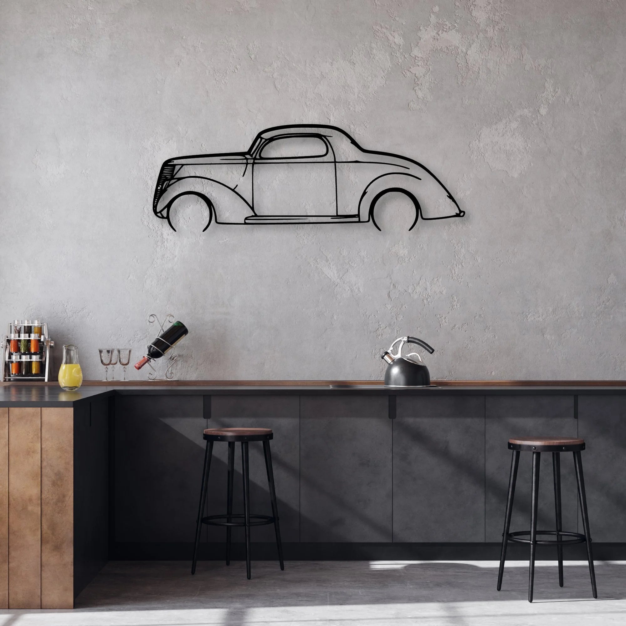3 Window Coupe 1937 Classic Silhouette Metal Wall Art - Automotive Garage Decor