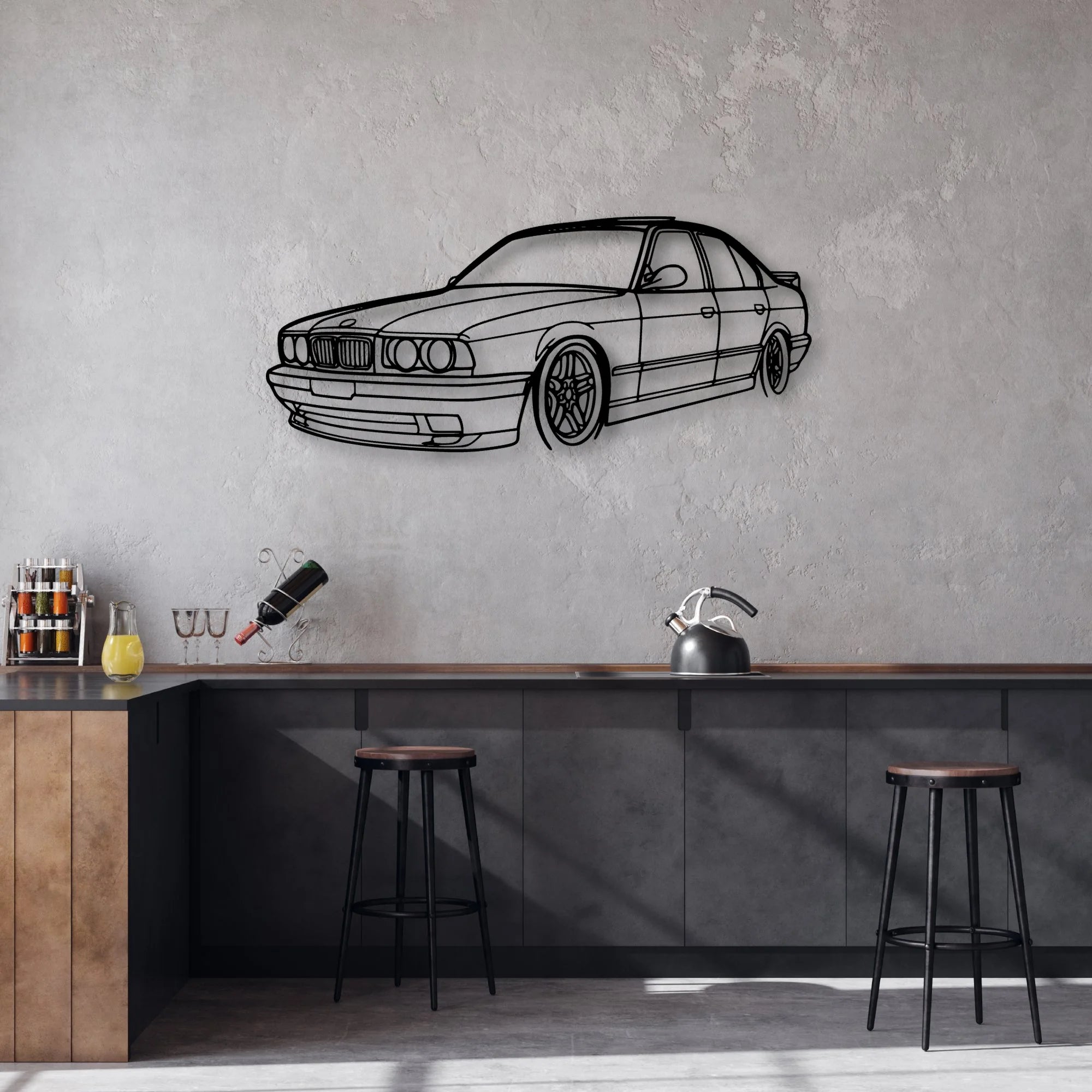 E34 Angle Classic Silhouette Metal Wall Art - Automotive Garage Decor