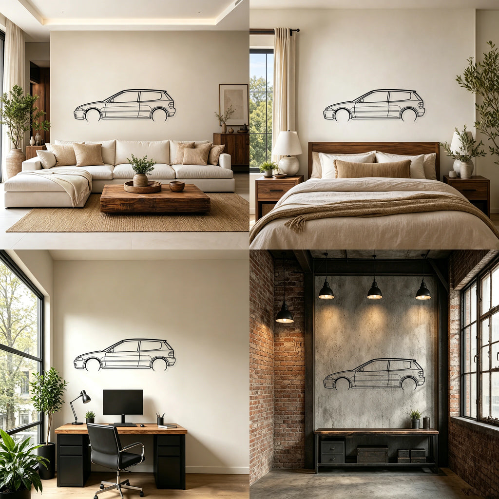1995 Civic 5 Detailed Silhouette Metal Wall Art - Classic Car Garage Decor