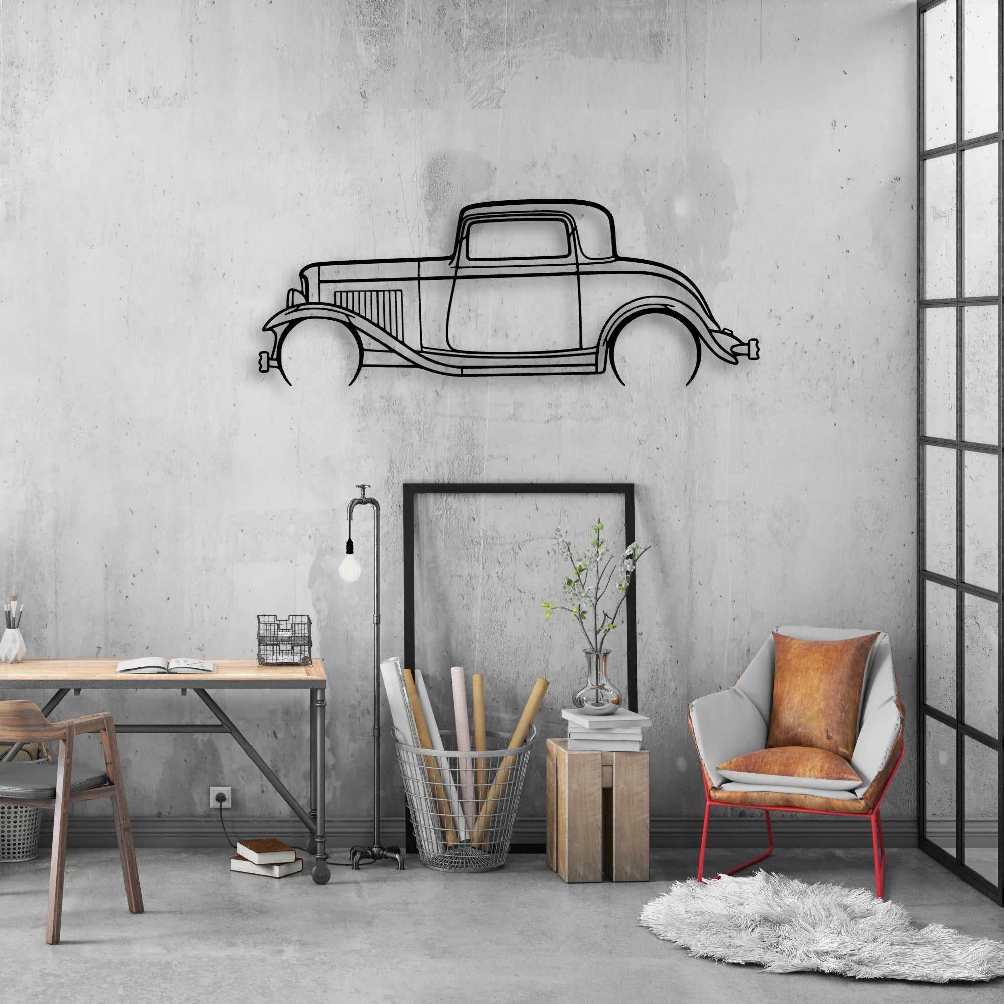 3 Window Coupe 1932 Classic Silhouette Metal Wall Art - Automotive Garage Decor