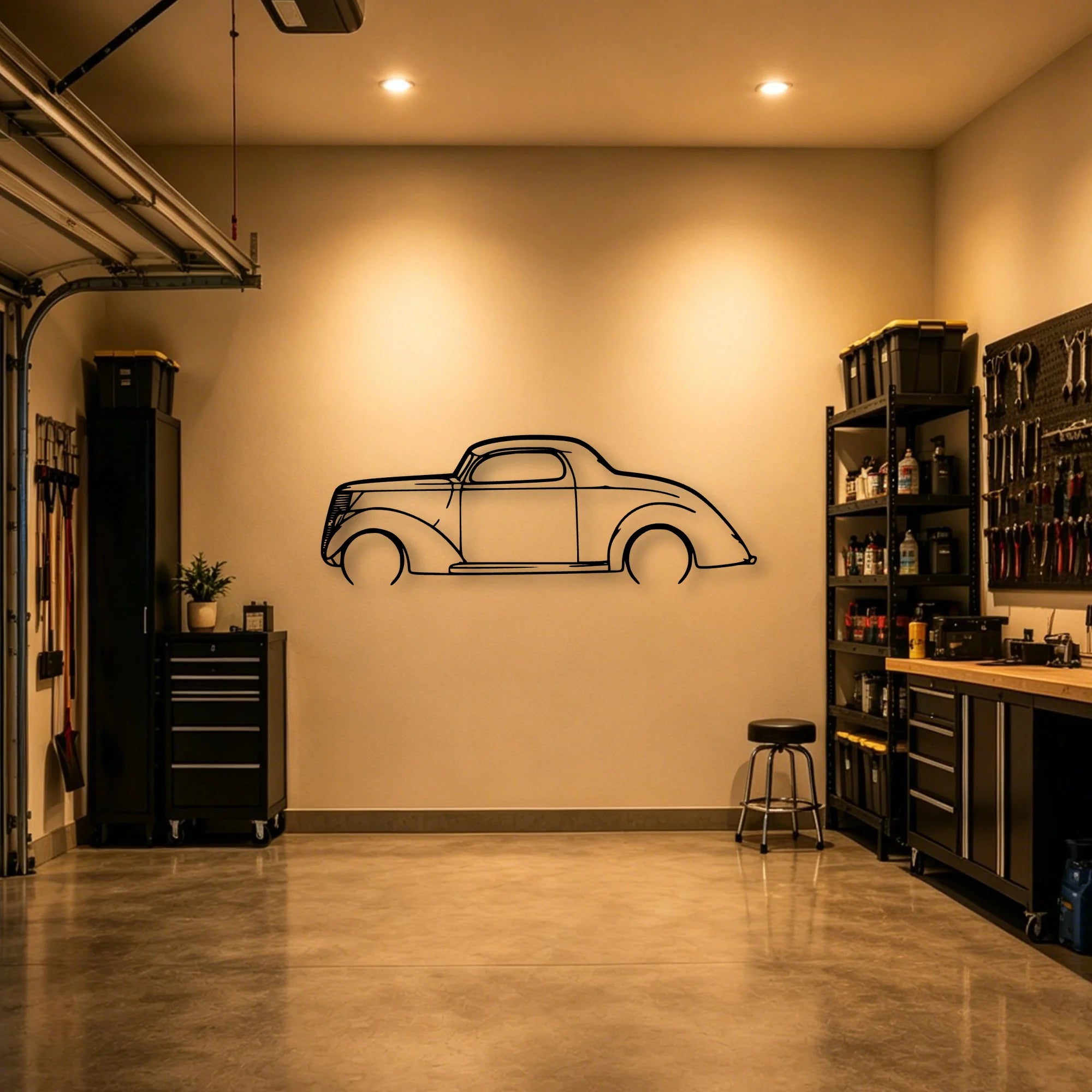 3 Window Coupe 1937 Classic Silhouette Metal Wall Art - Automotive Garage Decor