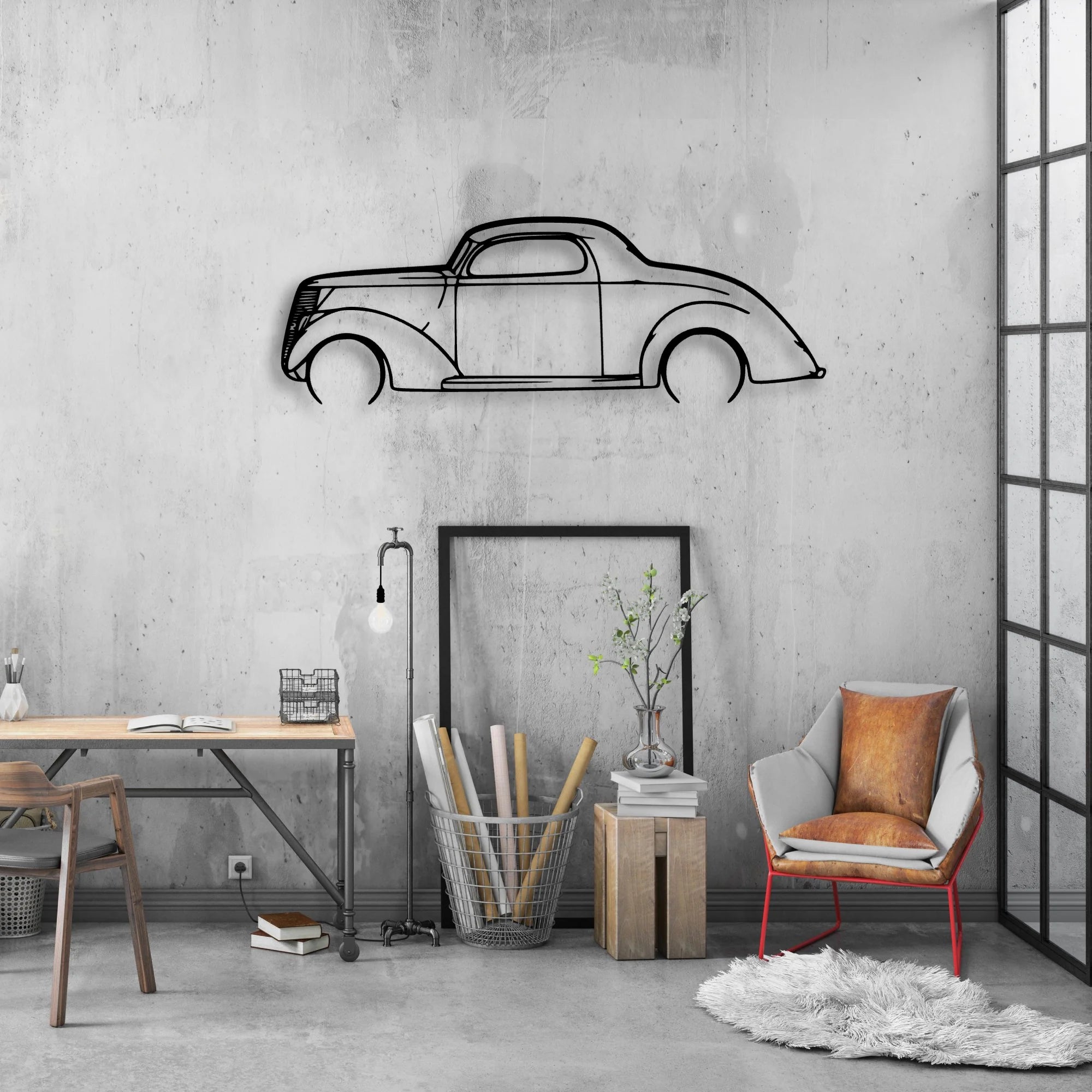 3 Window Coupe 1937 Classic Silhouette Metal Wall Art - Automotive Garage Decor
