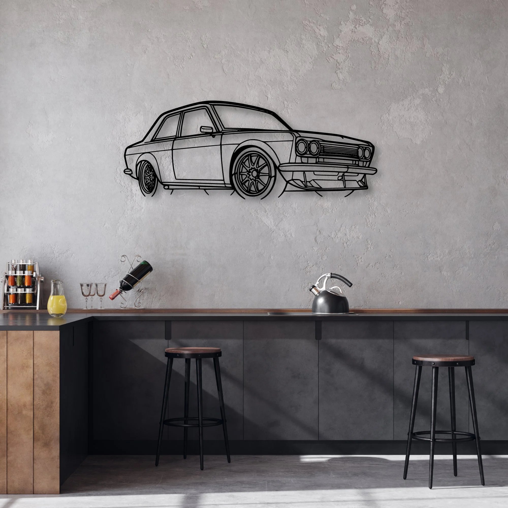 510 1973 Angle Classic Silhouette Metal Wall Art - Automotive Garage Decor