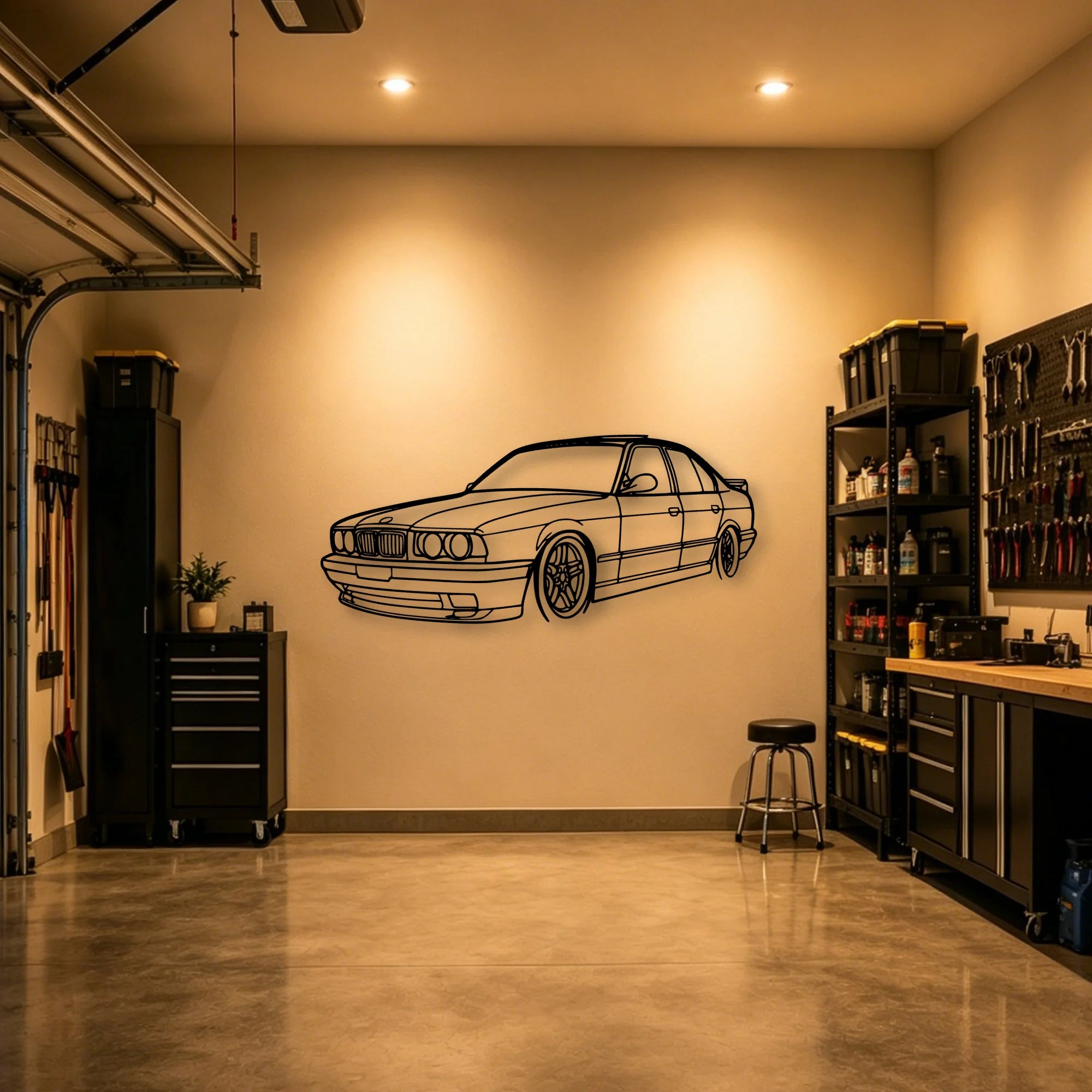 E34 Angle Classic Silhouette Metal Wall Art - Automotive Garage Decor