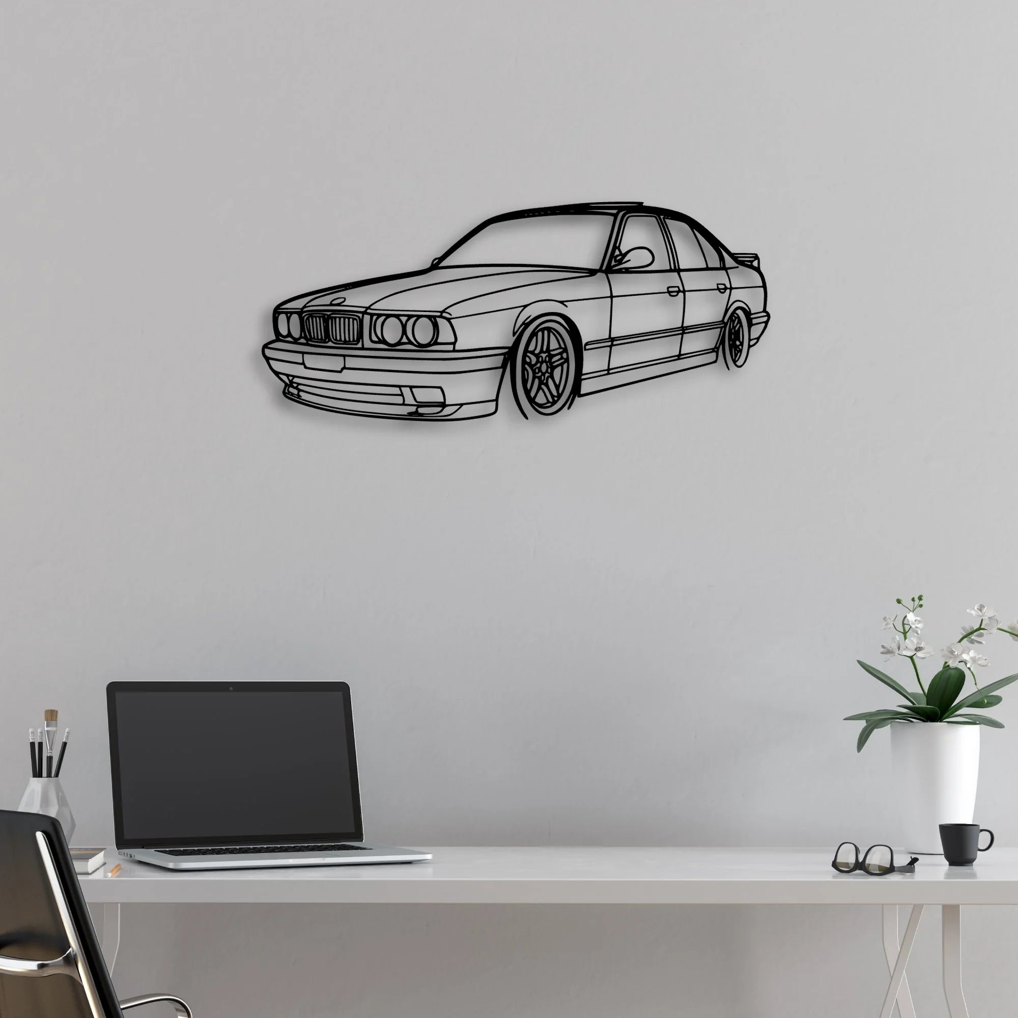 E34 Angle Classic Silhouette Metal Wall Art - Automotive Garage Decor