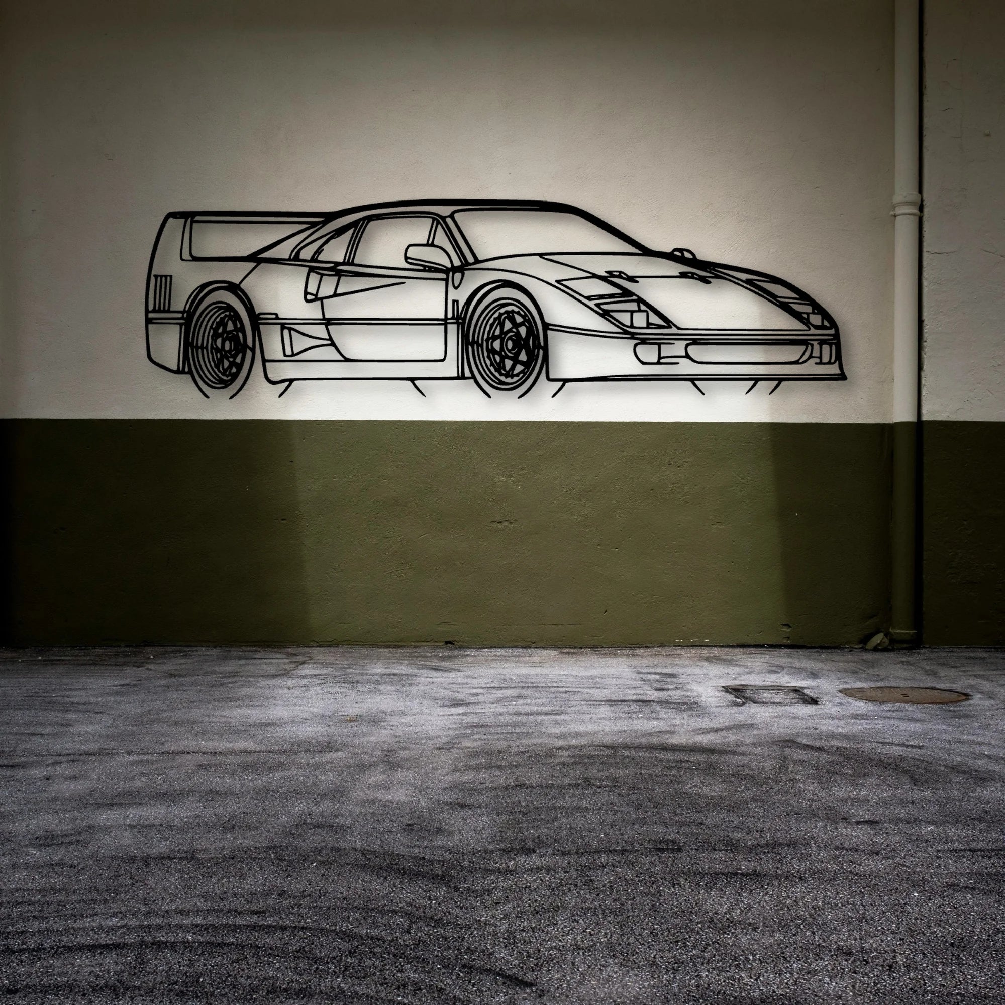 F40 Angle Classic Silhouette Metal Wall Art - Automotive Garage Decor