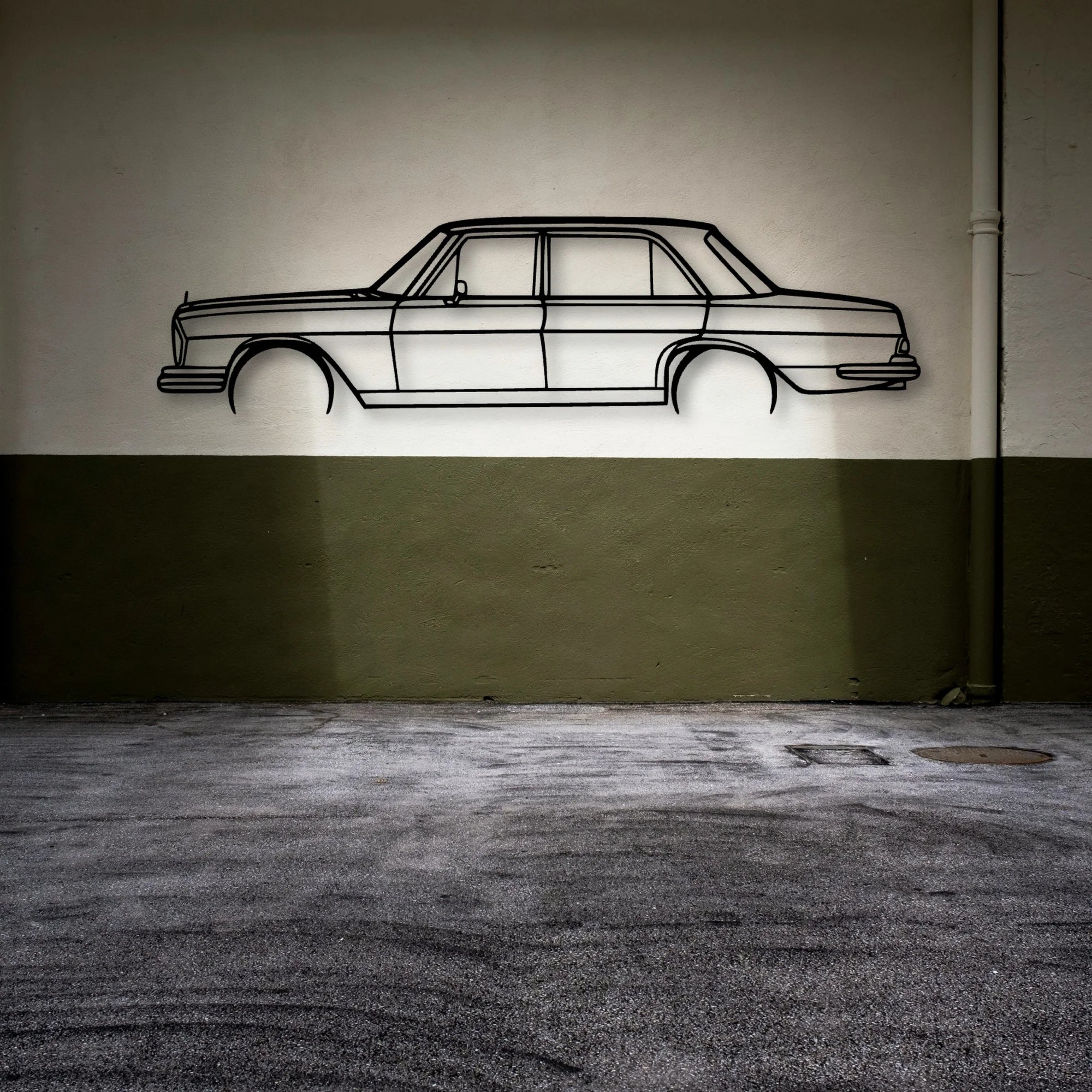 W108 280se 1970 Classic Silhouette Metal Wall Art - Automotive Garage Decor