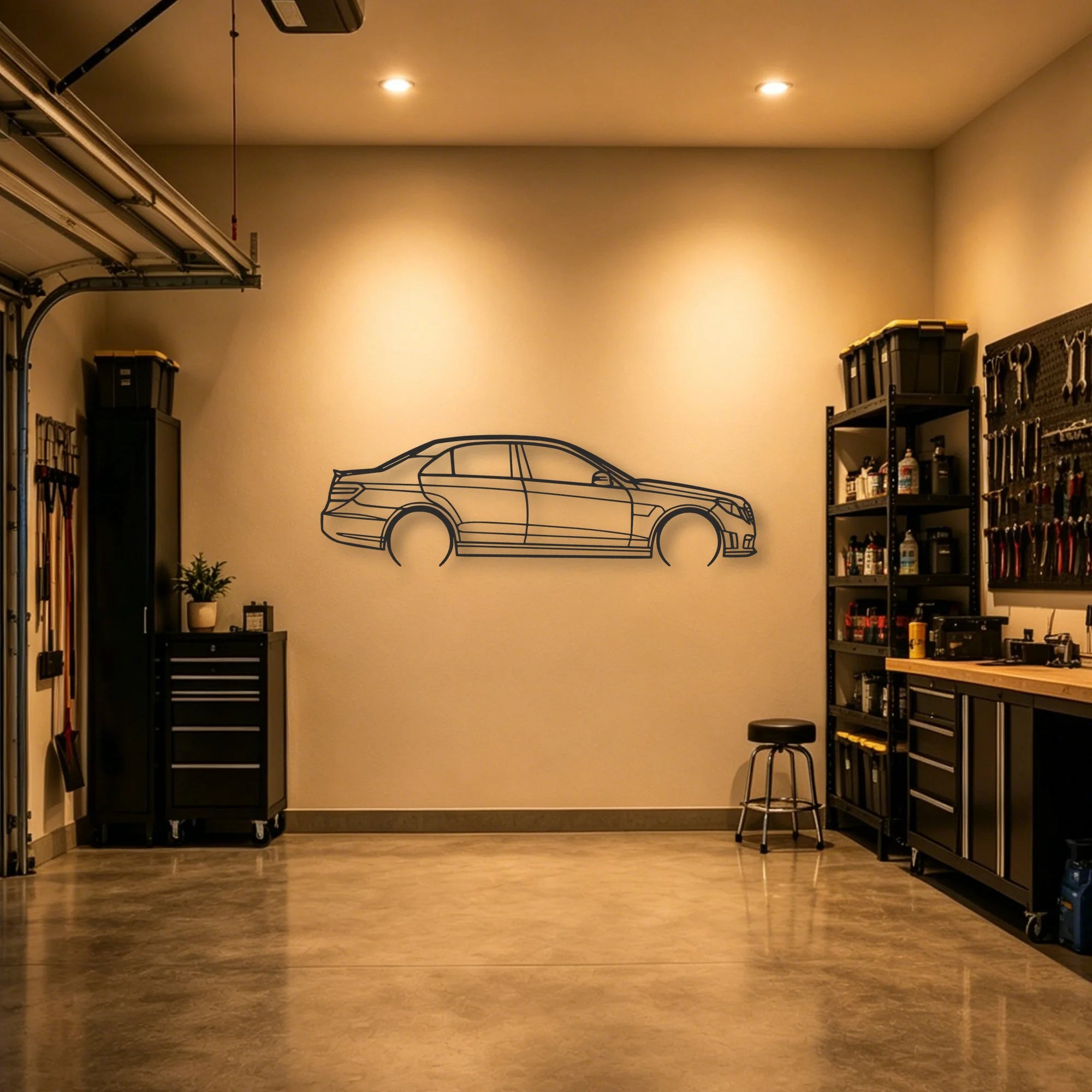 Mercedes E63 AMG Classic Silhouette Metal Wall Art - Automotive Garage Decor